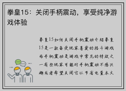 拳皇15：关闭手柄震动，享受纯净游戏体验
